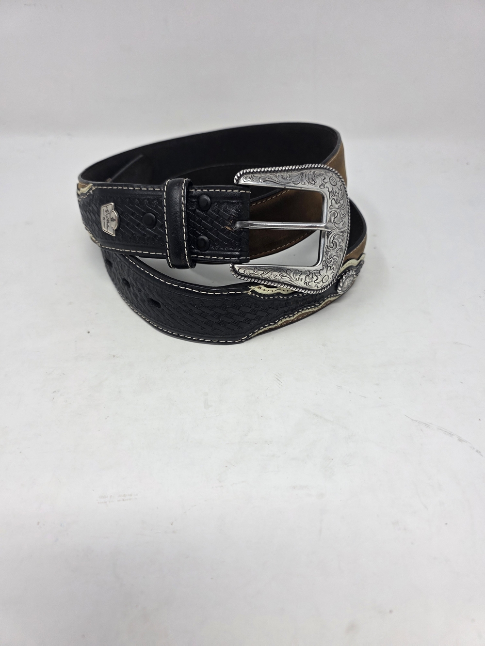 Larry Mahan Mens Western Belt Size 44 Black Brown Suede Overlay Silver Concho